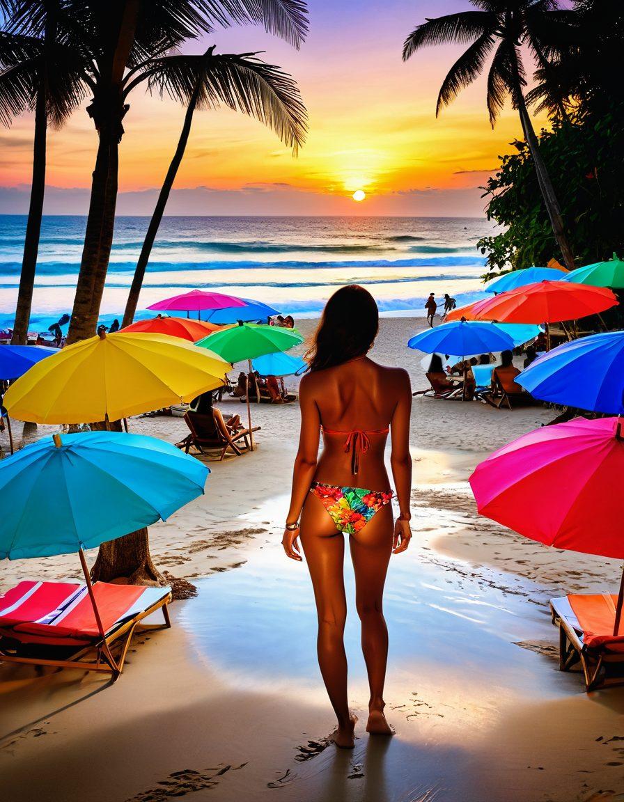 A vibrant beach scene in Indonesia showcasing the latest swimwear trends, with models wearing stylish bikinis and swim trunks, surrounded by colorful beach umbrellas and surfboards. In the background, capture playful adult entertainment elements like beach bars and lively beach parties, with a sunset casting a warm glow. Highlight Indonesian cultural motifs in the designs, making the atmosphere inviting and fun. vibrant colors. super-realistic. tropical setting.